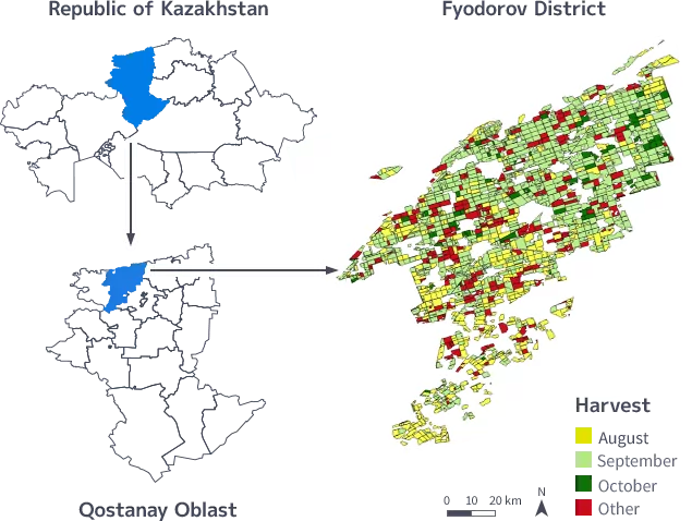 harvest monioring map of the northern regions of Kazakhstan