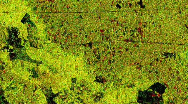 contours of deforestation area (red spots)