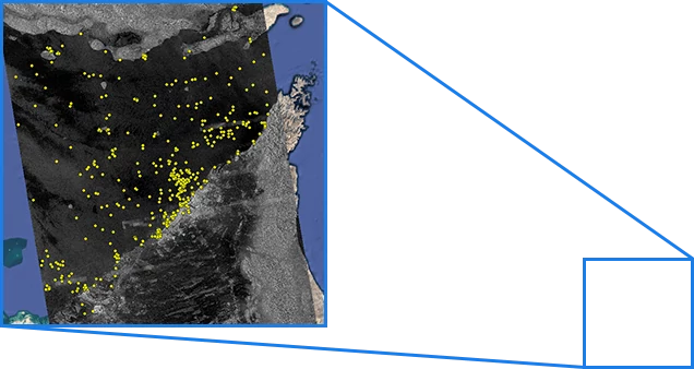 detected ships in the sea (yellow spots)